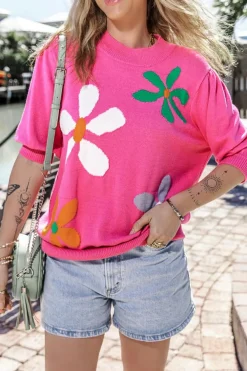 Hot Dear-Lover Floral Bubble Short Sleeve Sweater Bright Pink