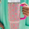 Fashion Dear-Lover Flower Checkered Pattern Cup with Straw 40oz Bright Pink