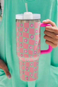 Fashion Dear-Lover Flower Checkered Pattern Cup with Straw 40oz Bright Pink