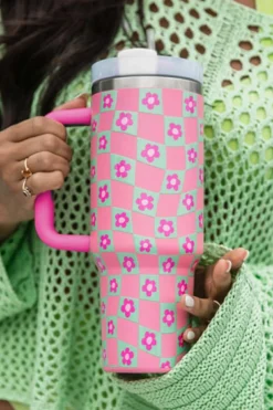 Fashion Dear-Lover Flower Checkered Pattern Cup with Straw 40oz Bright Pink