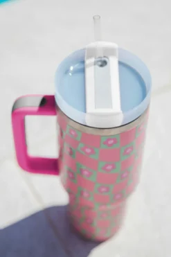 Fashion Dear-Lover Flower Checkered Pattern Cup with Straw 40oz Bright Pink
