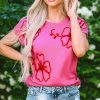 Hot Dear-Lover Flower Embroidery Short Sleeve Knitwear Top Bright Pink