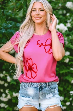 Hot Dear-Lover Flower Embroidery Short Sleeve Knitwear Top Bright Pink
