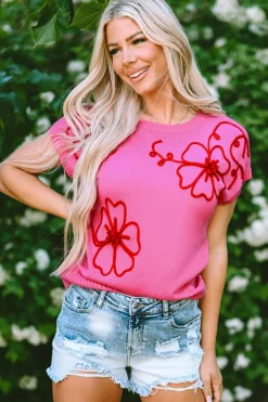 Hot Dear-Lover Flower Embroidery Short Sleeve Knitwear Top Bright Pink