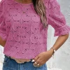 Sale Dear-Lover Flower Eyelet Jacquard Keyhole Flounce Sleeve Top Bright Pink