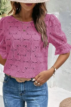 Sale Dear-Lover Flower Eyelet Jacquard Keyhole Flounce Sleeve Top Bright Pink