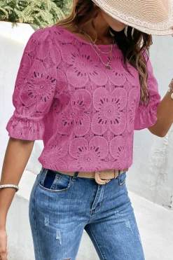 Sale Dear-Lover Flower Eyelet Jacquard Keyhole Flounce Sleeve Top Bright Pink