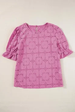 Sale Dear-Lover Flower Eyelet Jacquard Keyhole Flounce Sleeve Top Bright Pink