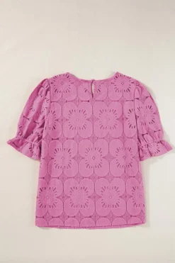 Sale Dear-Lover Flower Eyelet Jacquard Keyhole Flounce Sleeve Top Bright Pink
