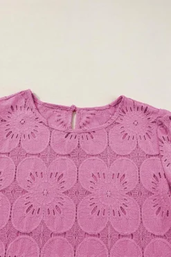 Sale Dear-Lover Flower Eyelet Jacquard Keyhole Flounce Sleeve Top Bright Pink