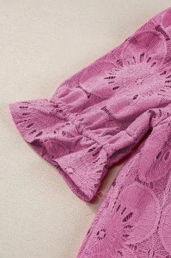 Sale Dear-Lover Flower Eyelet Jacquard Keyhole Flounce Sleeve Top Bright Pink