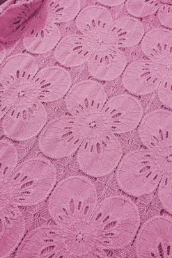 Sale Dear-Lover Flower Eyelet Jacquard Keyhole Flounce Sleeve Top Bright Pink