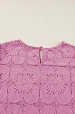 Sale Dear-Lover Flower Eyelet Jacquard Keyhole Flounce Sleeve Top Bright Pink