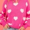 Clearance Dear-Lover Fuzzy Valentine Hearts Drop Shoulder Sweater Bright Pink
