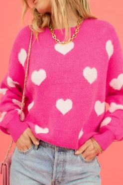 Clearance Dear-Lover Fuzzy Valentine Hearts Drop Shoulder Sweater Bright Pink