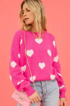 Clearance Dear-Lover Fuzzy Valentine Hearts Drop Shoulder Sweater Bright Pink