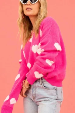 Clearance Dear-Lover Fuzzy Valentine Hearts Drop Shoulder Sweater Bright Pink