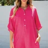 Best Dear-Lover Half Button Collared Loose Romper Bright Pink