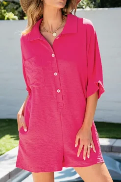 Best Dear-Lover Half Button Collared Loose Romper Bright Pink