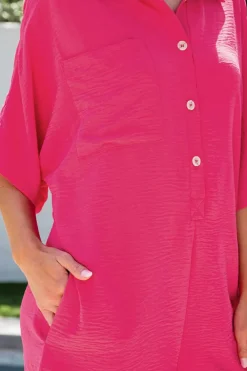 Best Dear-Lover Half Button Collared Loose Romper Bright Pink
