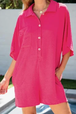Best Dear-Lover Half Button Collared Loose Romper Bright Pink
