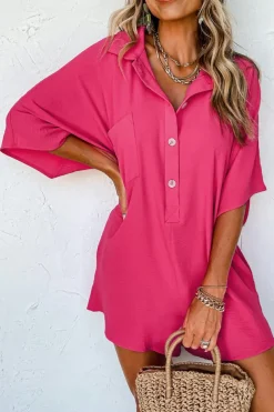 Best Dear-Lover Half Button Collared Loose Romper Bright Pink