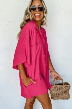 Best Dear-Lover Half Button Collared Loose Romper Bright Pink