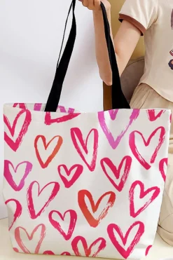 Best Dear-Lover Heart Shape Print Canvas Large Tote Bag Bright Pink