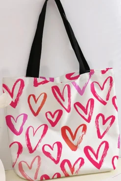 Best Dear-Lover Heart Shape Print Canvas Large Tote Bag Bright Pink