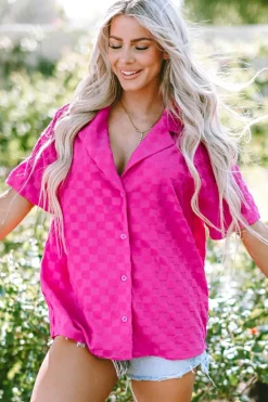 Sale Dear-Lover Lapel Neck Checkered Textured Short Sleeve Shirt Bright Pink