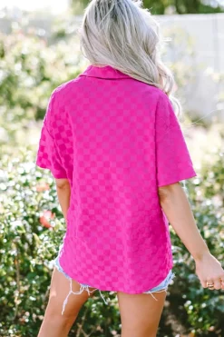 Sale Dear-Lover Lapel Neck Checkered Textured Short Sleeve Shirt Bright Pink
