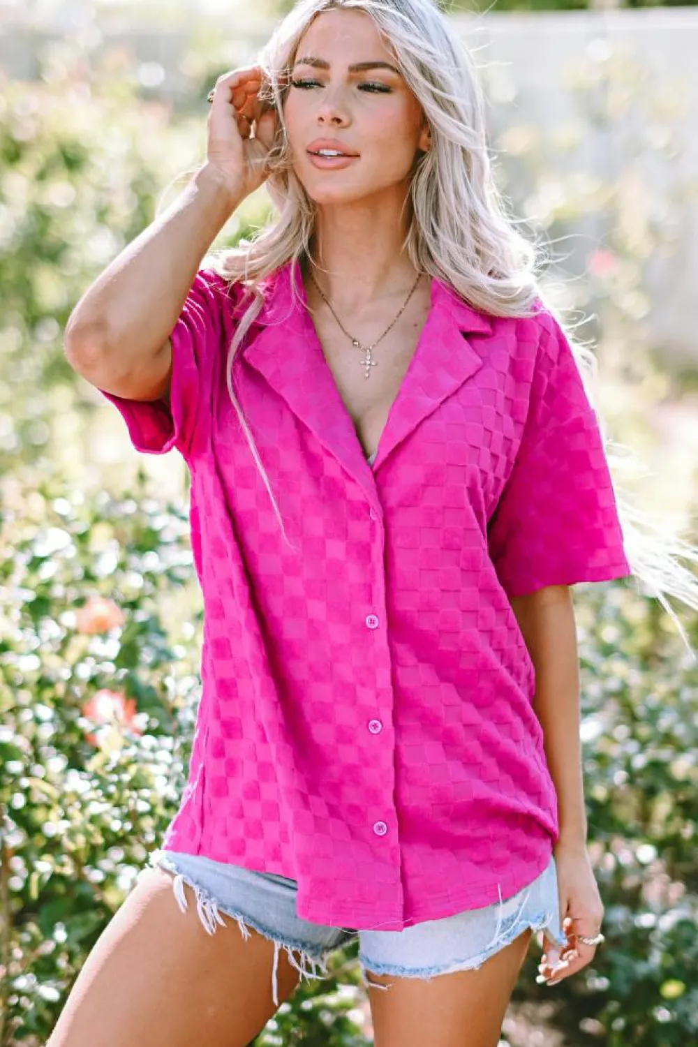 Sale Dear-Lover Lapel Neck Checkered Textured Short Sleeve Shirt Bright Pink