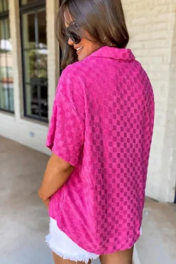 Sale Dear-Lover Lapel Neck Checkered Textured Short Sleeve Shirt Bright Pink