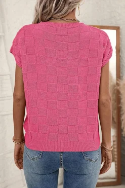 Clearance Dear-Lover Lattice Textured Knit Short Sleeve Sweater Bright Pink