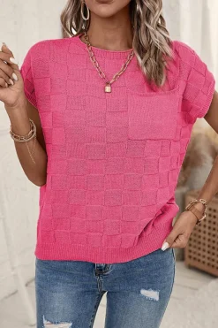 Clearance Dear-Lover Lattice Textured Knit Short Sleeve Sweater Bright Pink