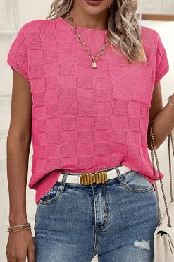 Clearance Dear-Lover Lattice Textured Knit Short Sleeve Sweater Bright Pink