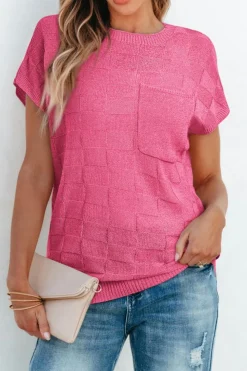 Clearance Dear-Lover Lattice Textured Knit Short Sleeve Sweater Bright Pink