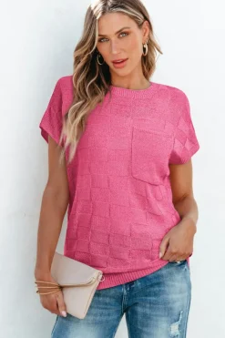 Clearance Dear-Lover Lattice Textured Knit Short Sleeve Sweater Bright Pink