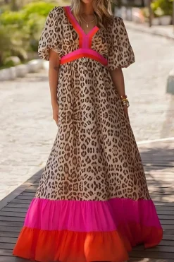 Discount Dear-Lover Leopard Colorblock Patchwork Bubble Sleeve Maxi Dress Bright Pink