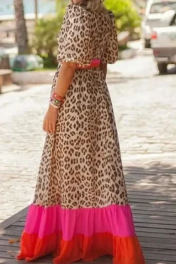Discount Dear-Lover Leopard Colorblock Patchwork Bubble Sleeve Maxi Dress Bright Pink