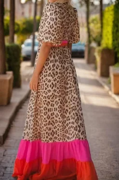 Discount Dear-Lover Leopard Colorblock Patchwork Bubble Sleeve Maxi Dress Bright Pink