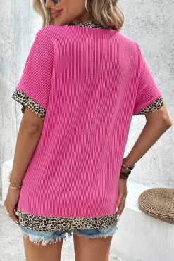 New Dear-Lover Leopard Patchwork Corded Texture V Neck T Shirt Bright Pink