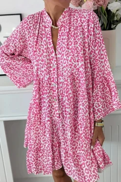Discount Dear-Lover Leopard Printed Long Sleeve Buttoned Front Mini Dress Bright Pink
