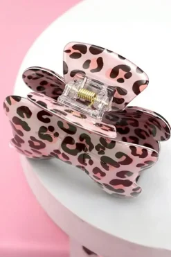 Clearance Dear-Lover Leopard Print Bowknot Shape Claw Clip Bright Pink