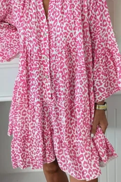 Discount Dear-Lover Leopard Printed Long Sleeve Buttoned Front Mini Dress Bright Pink