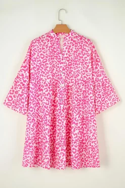 Discount Dear-Lover Leopard Printed Long Sleeve Buttoned Front Mini Dress Bright Pink