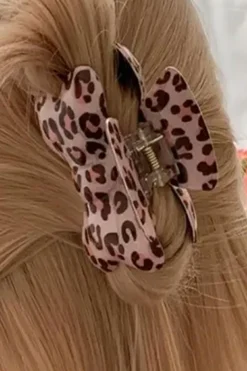 Clearance Dear-Lover Leopard Print Bowknot Shape Claw Clip Bright Pink