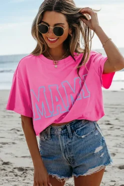 Online Dear-Lover MAMA Letter Graphic Neon T Shirt Bright Pink