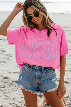 Online Dear-Lover MAMA Letter Graphic Neon T Shirt Bright Pink