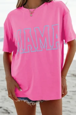 Online Dear-Lover MAMA Letter Graphic Neon T Shirt Bright Pink